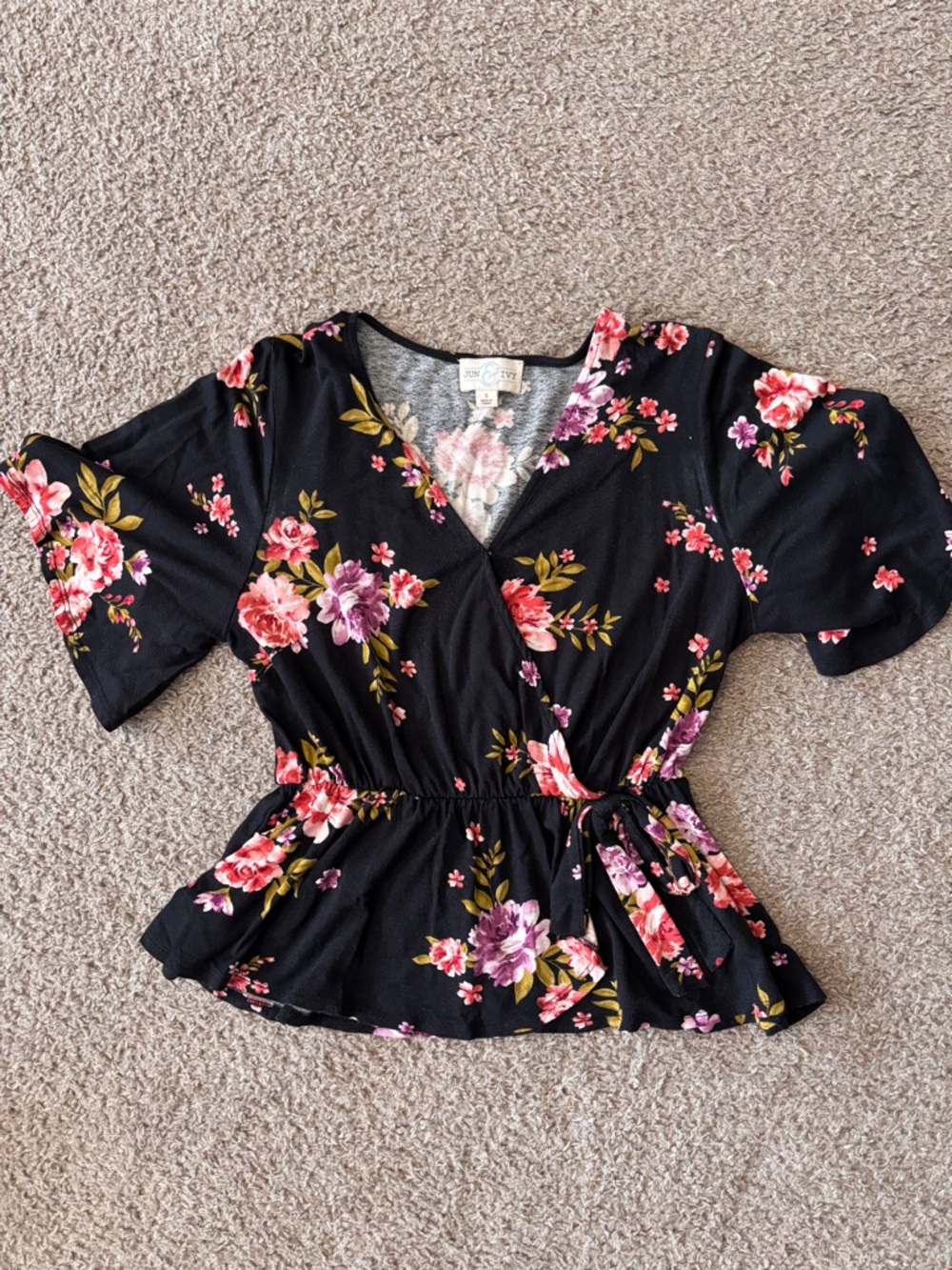 Black Floral Wrap Peplum Blouse with Elastic Waist